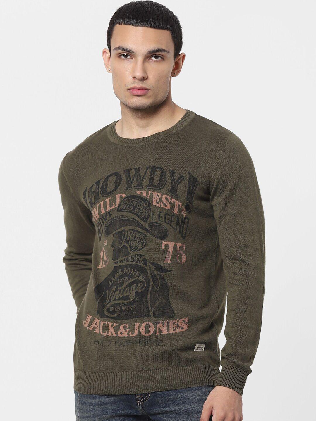 jack & jones men olive green & black typography printed pure cotton pullover sweater