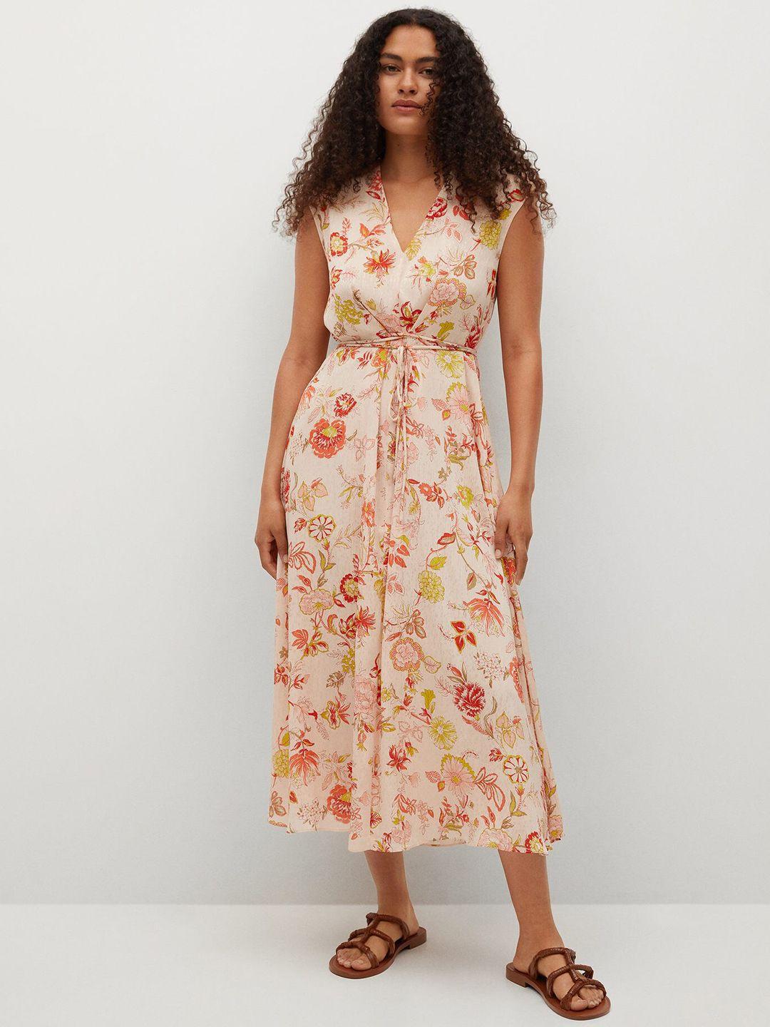 mango beige & red floral print midi fit & flare dress