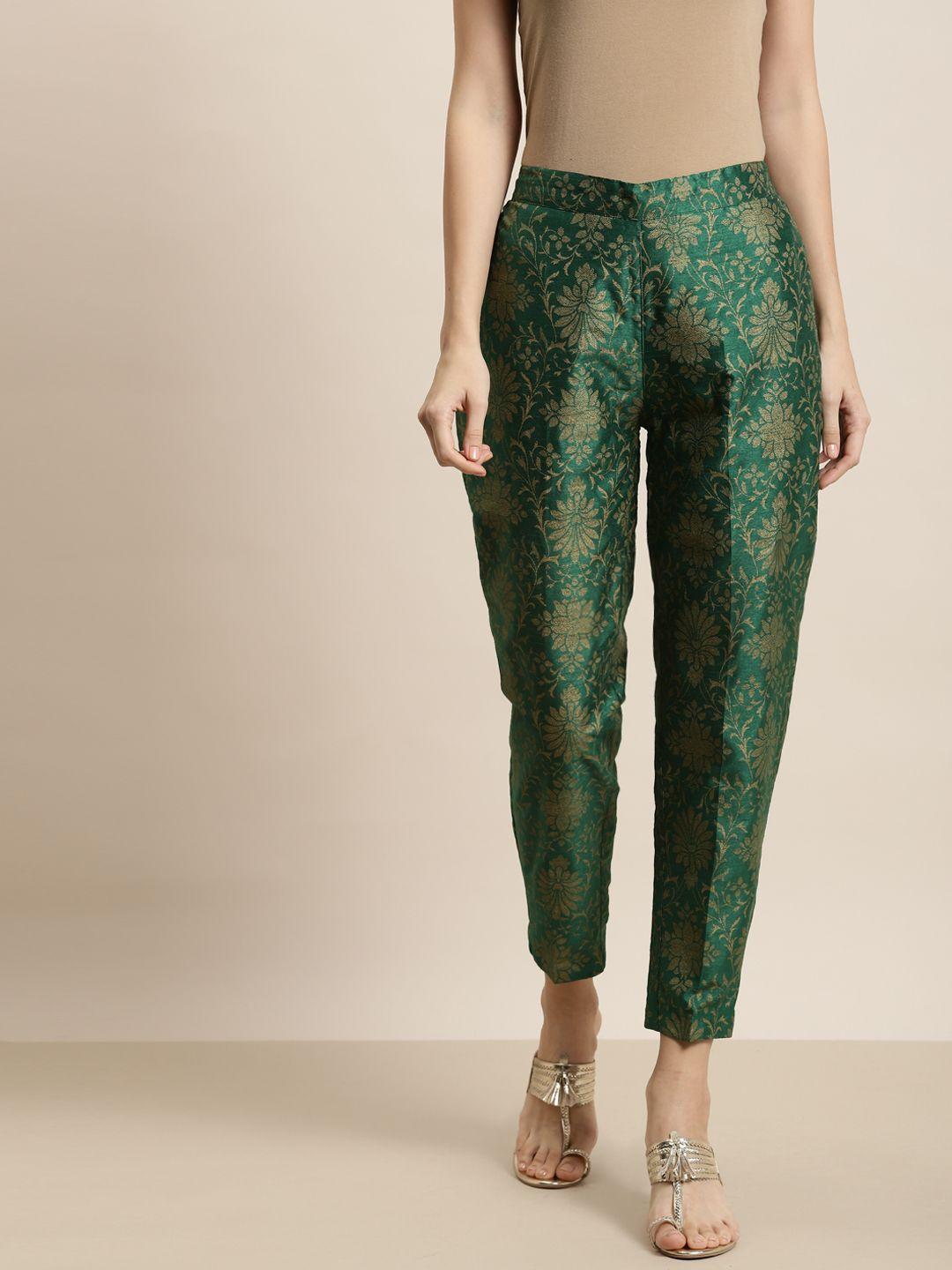 shae by sassafras women green floral printed tapered fit easy wash cigerette trousers