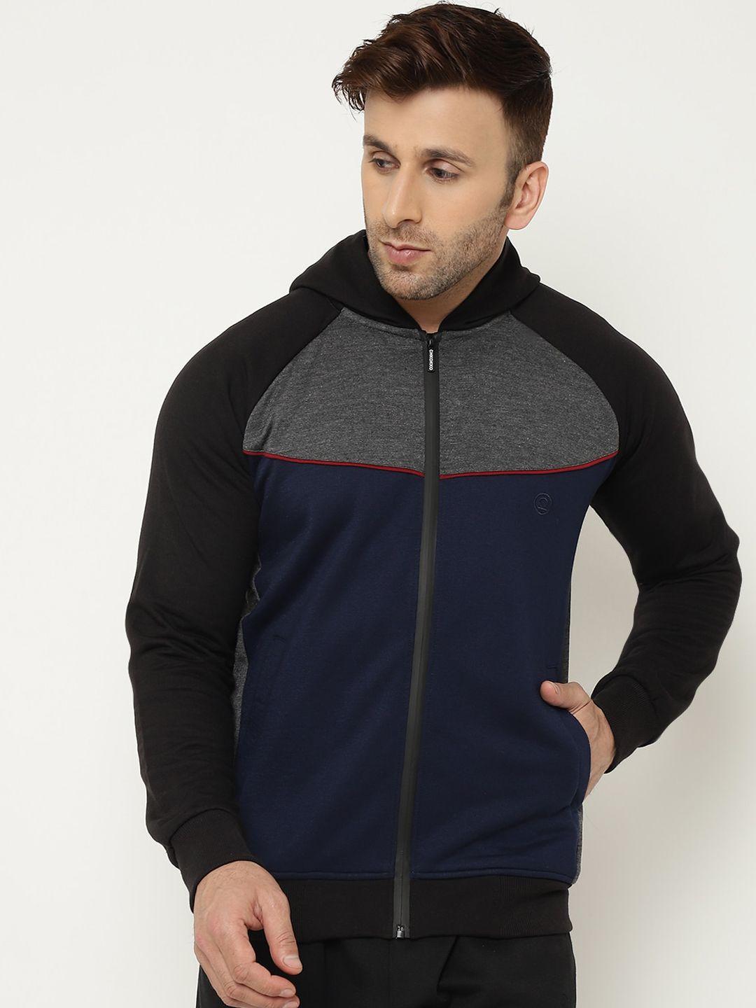 chkokko men black & navy blue colourblocked fleece sporty jacket