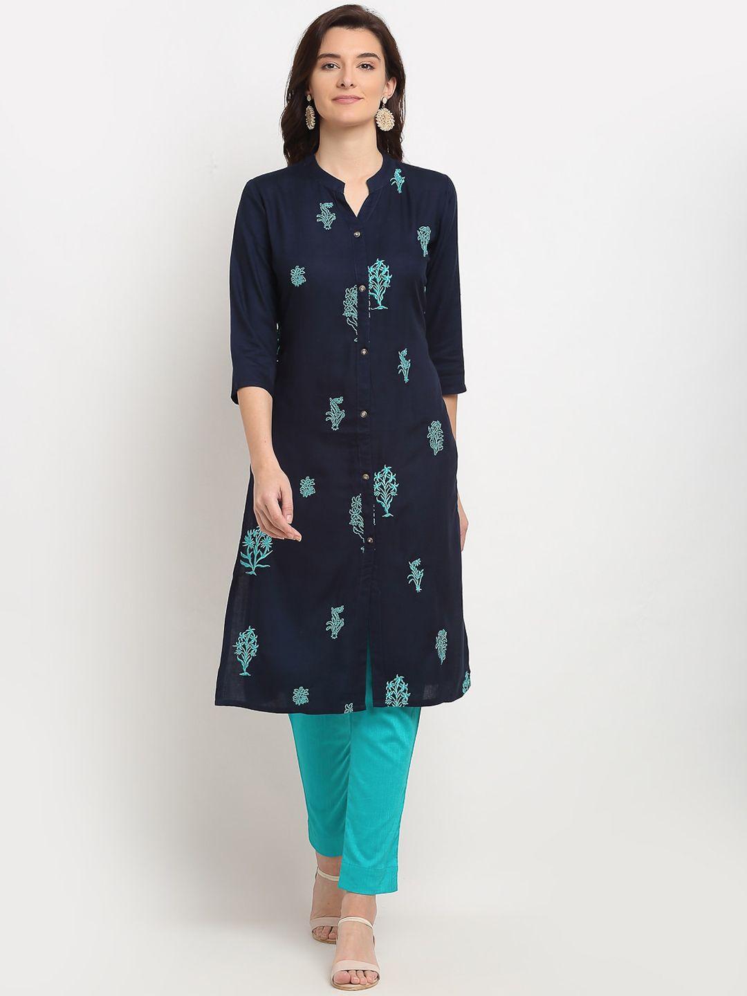 lovely lady women navy blue & blue ethnic motifs printed kurta