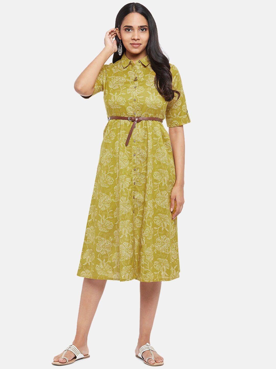 akkriti by pantaloons mustard yellow floral printed pure cotton shirt midi dress