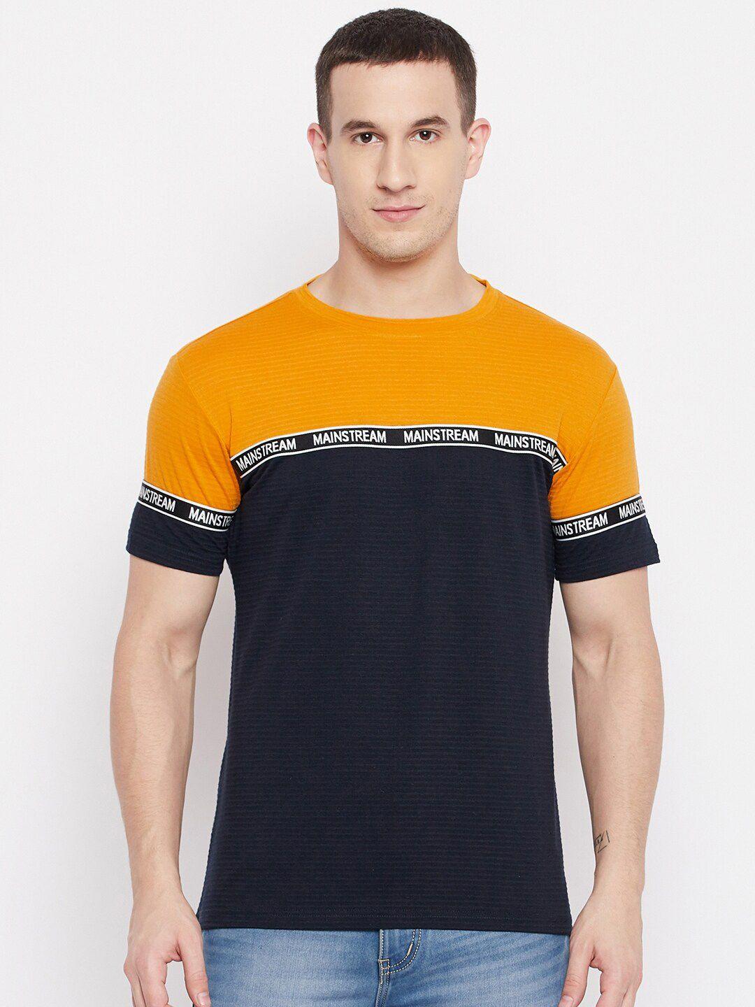 qubic men mustard yellow & black colourblocked t-shirt