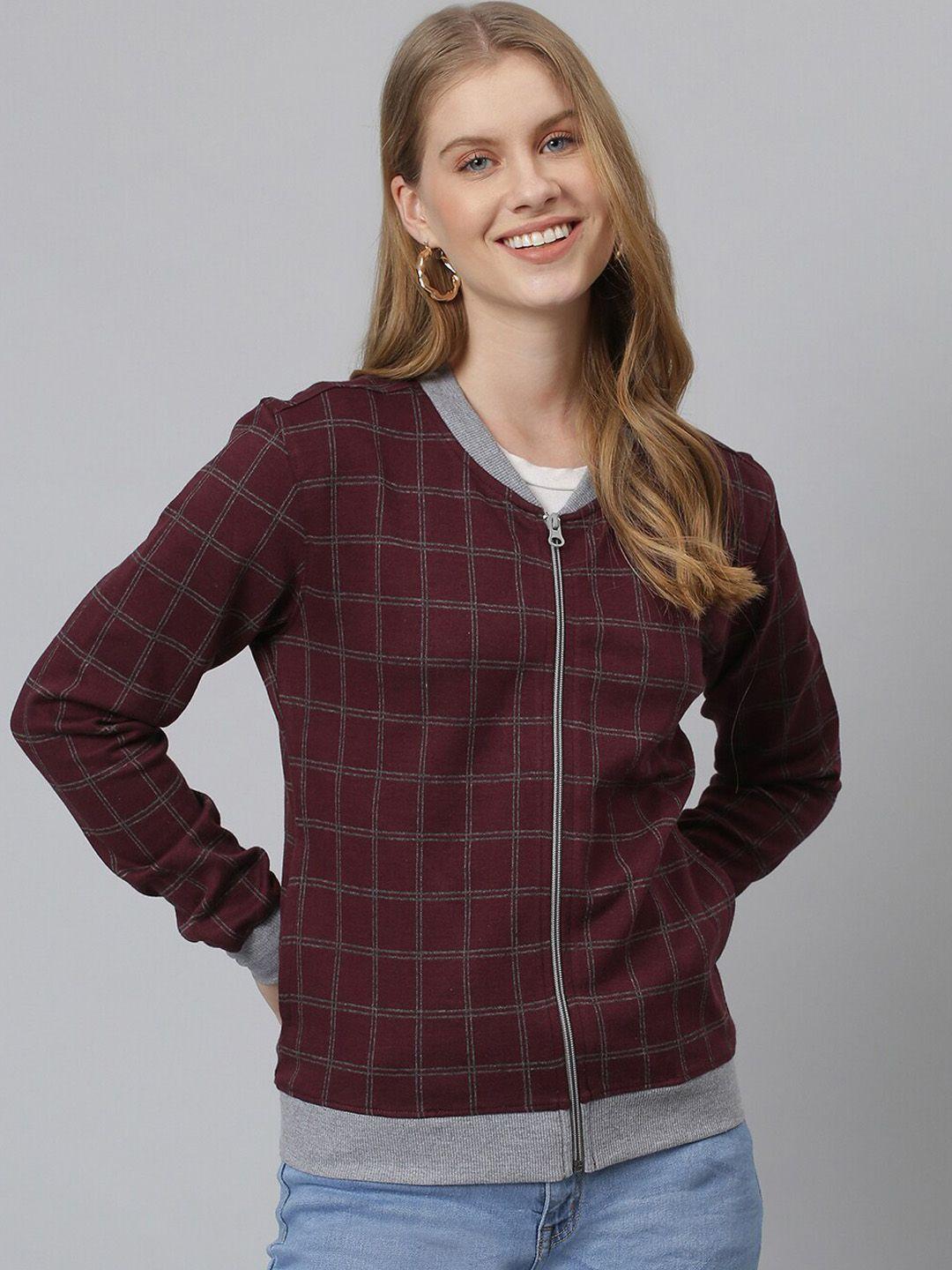 campus sutra women burgundy & grey checked windcheater bomber jacket