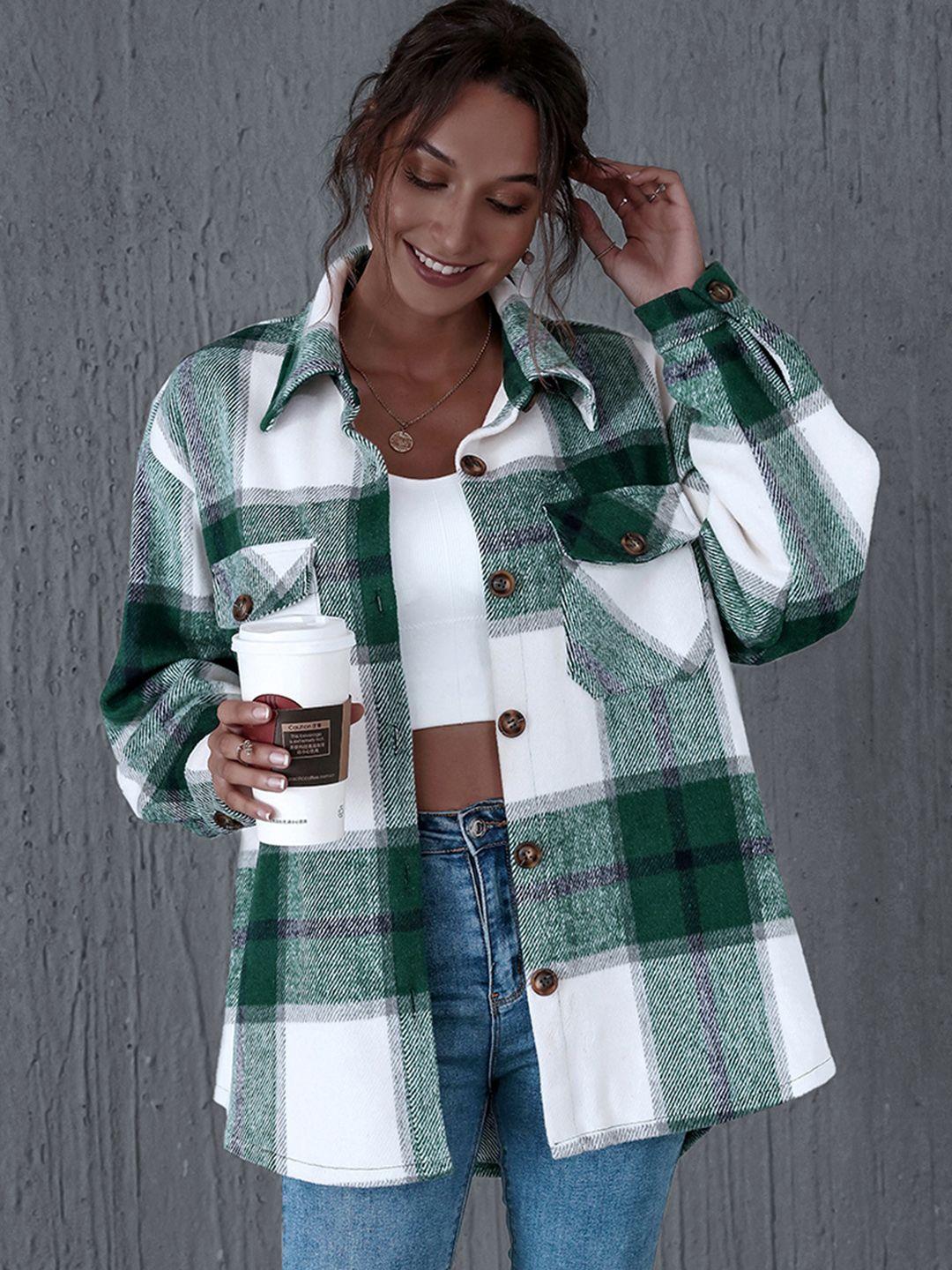 urbanic women green & off-white checked shacket