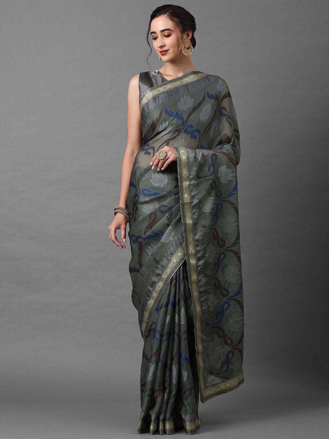 mitera women charcoal grey silk blend ethnic motifs woven designed saree