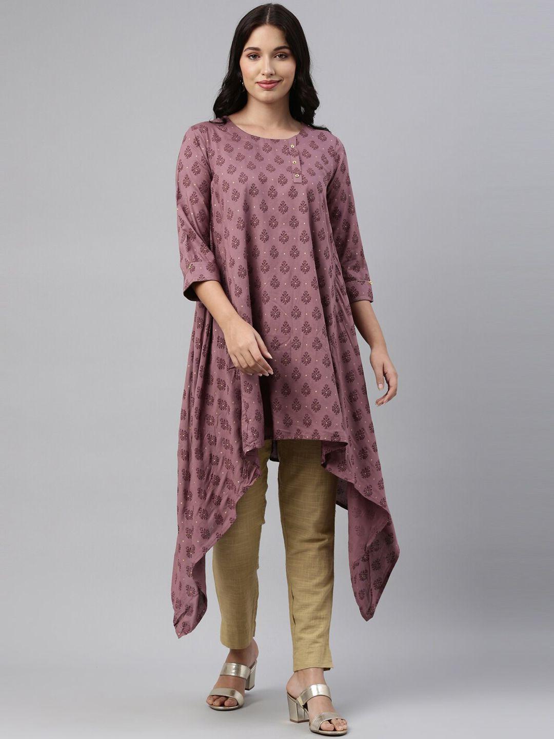 neerus women mauve & gold-toned ethnic motifs printed kurta