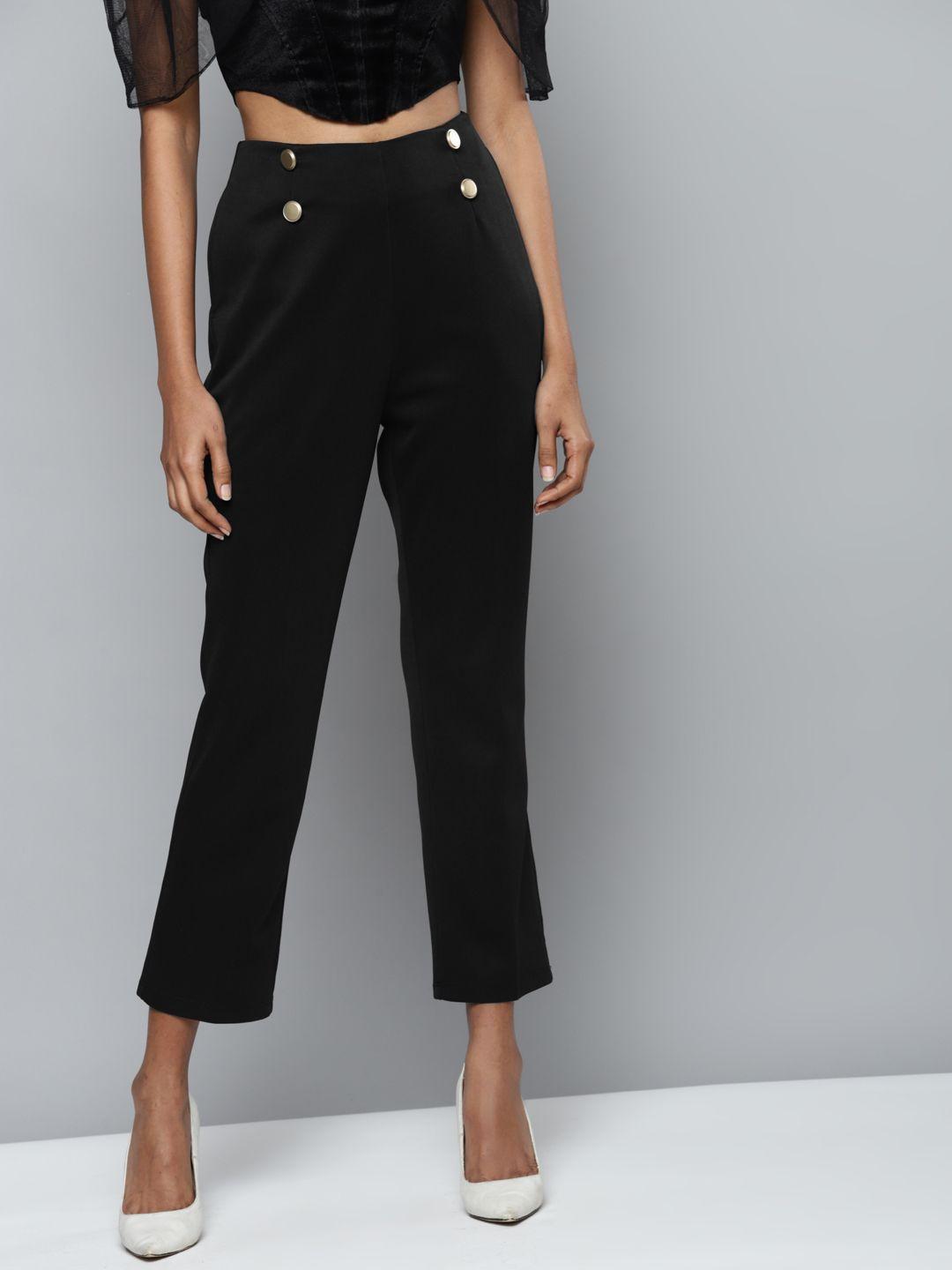 sassafras women black scuba front button tapered pants