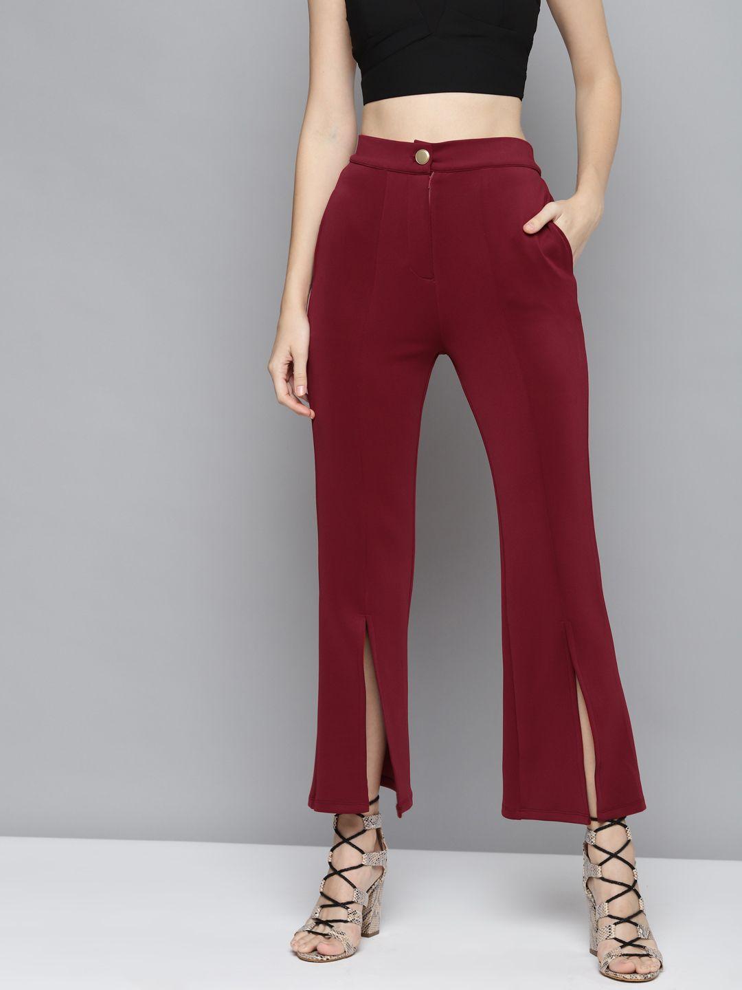 sassafras women maroon slim fit high-rise scuba front slit bell bottom pants