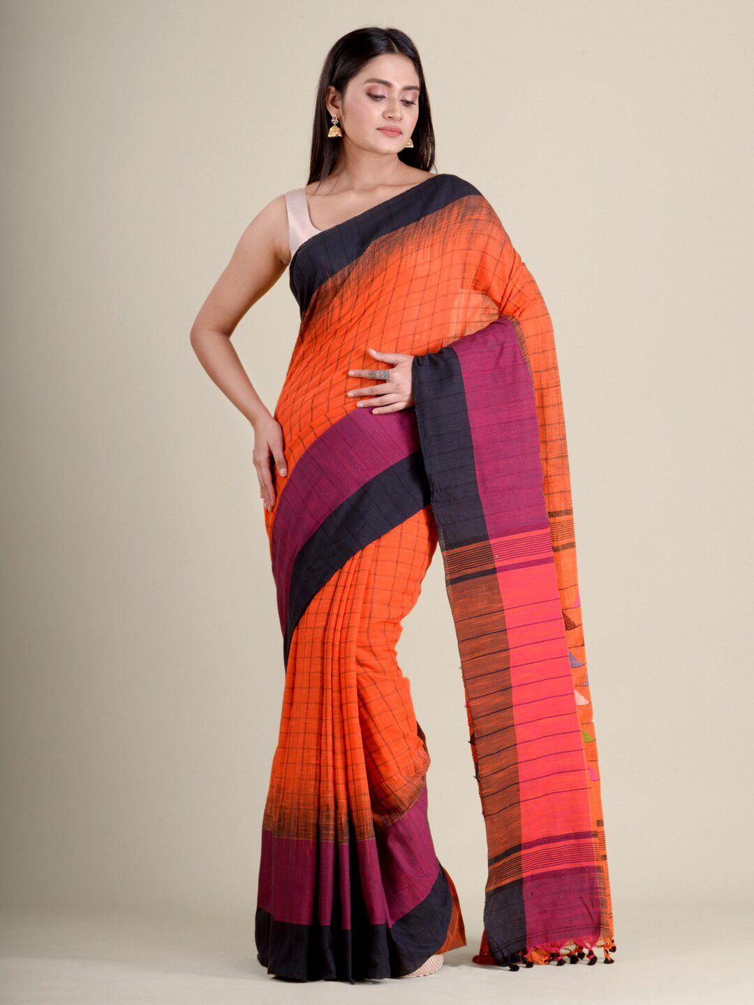 mitera orange & black checked pure cotton handloom saree