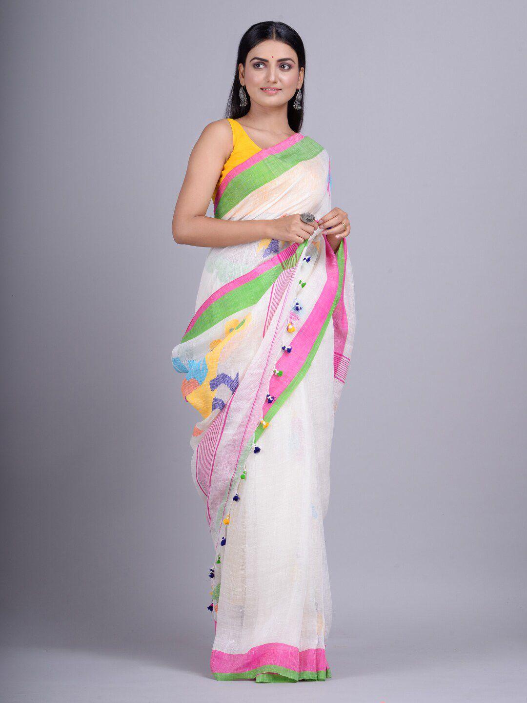 mitera white & rose pure linen handloom saree