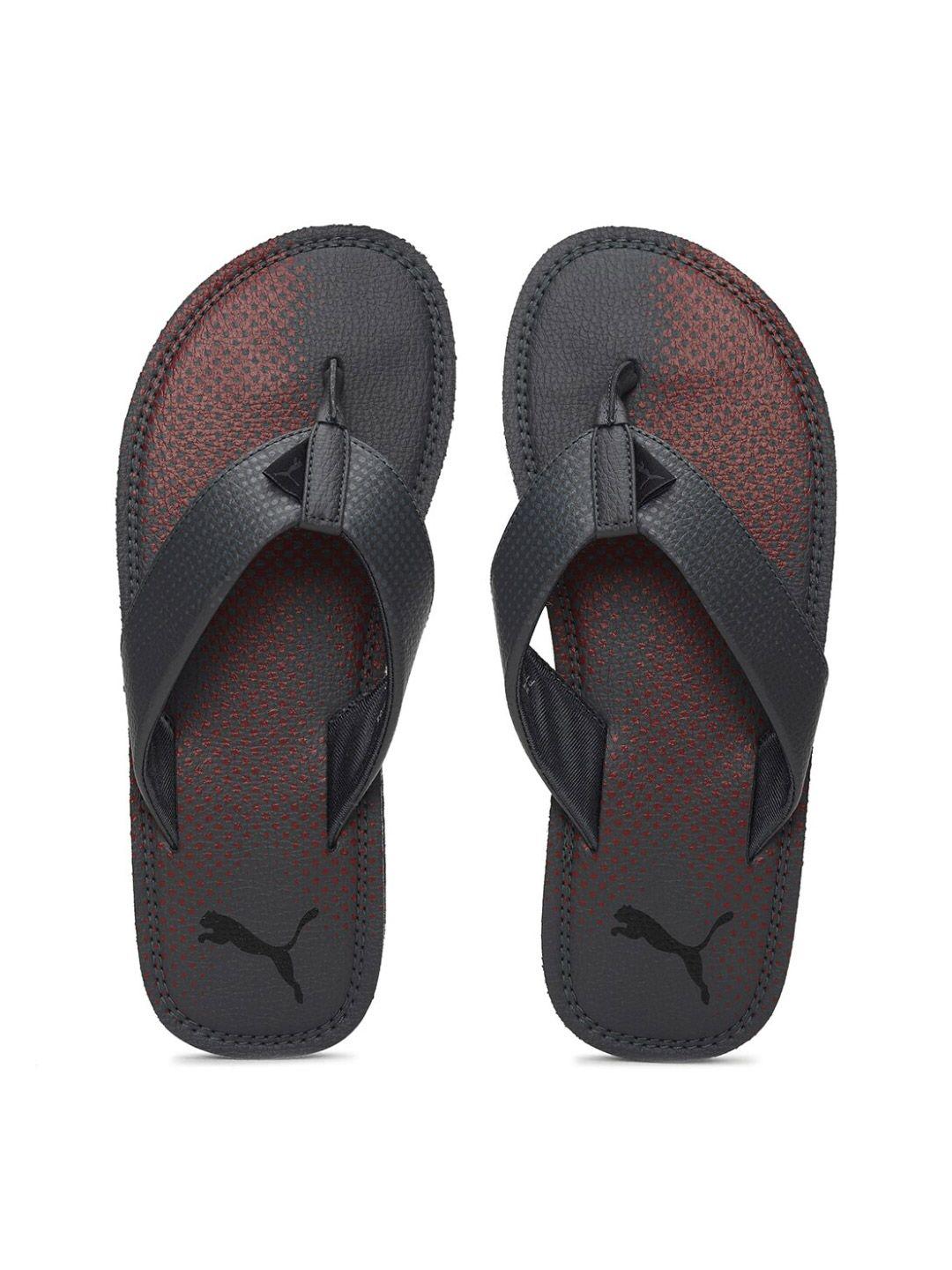 puma men charcoal grey & burgundy printed thong flip-flops