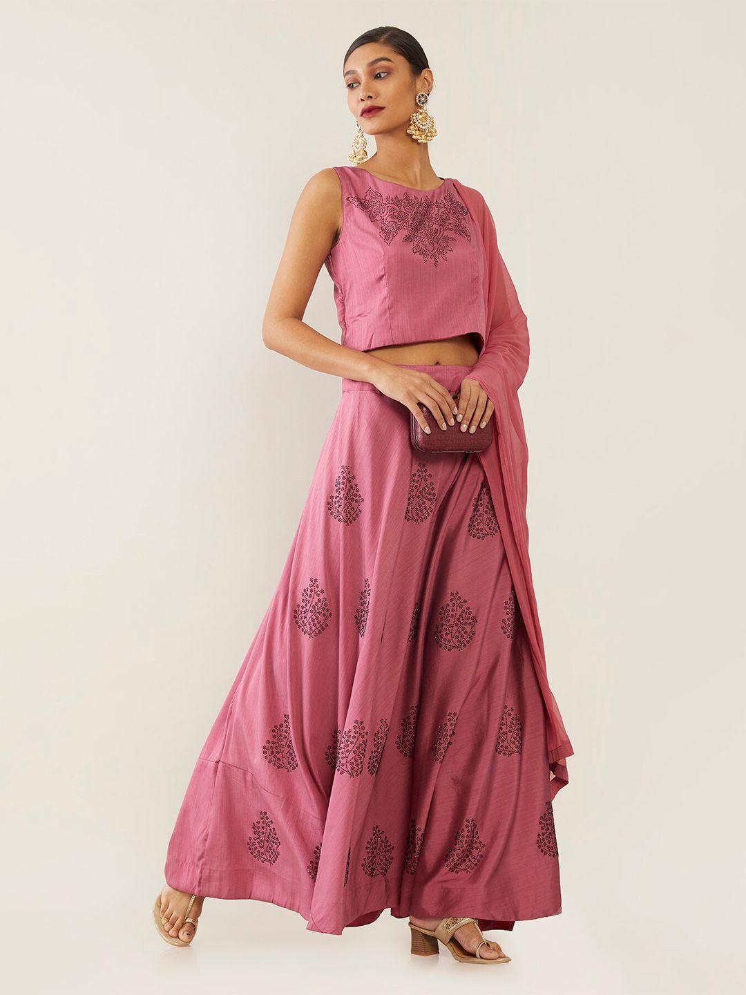 soch fuchsia & black embellished beads and stones semi-stitched lehenga & blouse with dupatta