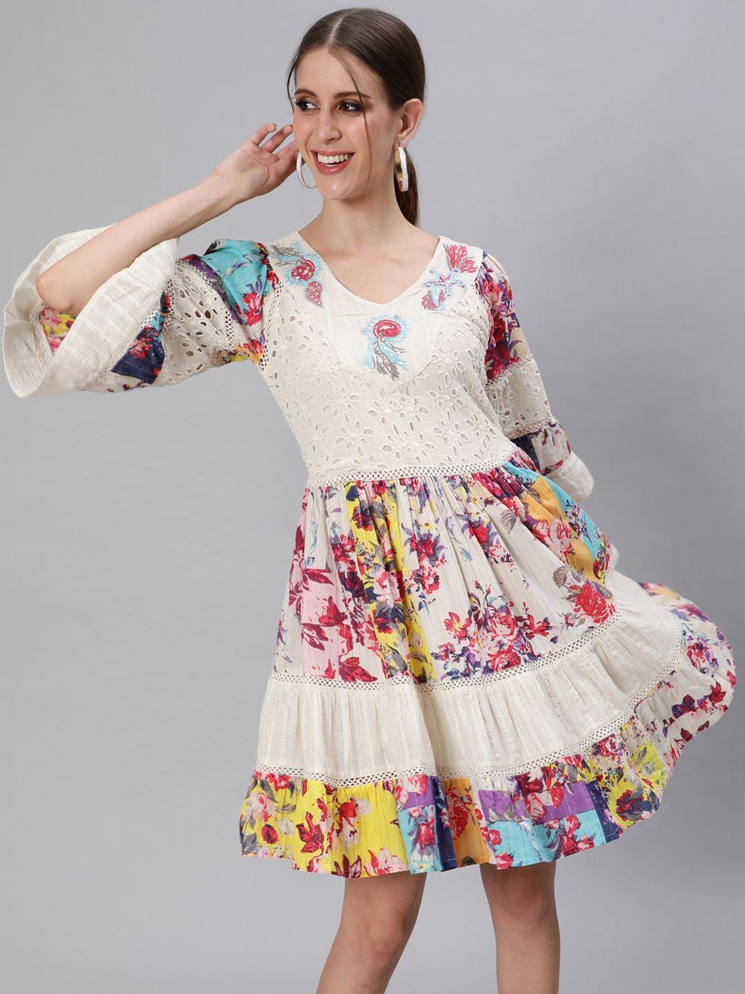 ishin women off white & yellow floral tiered dress