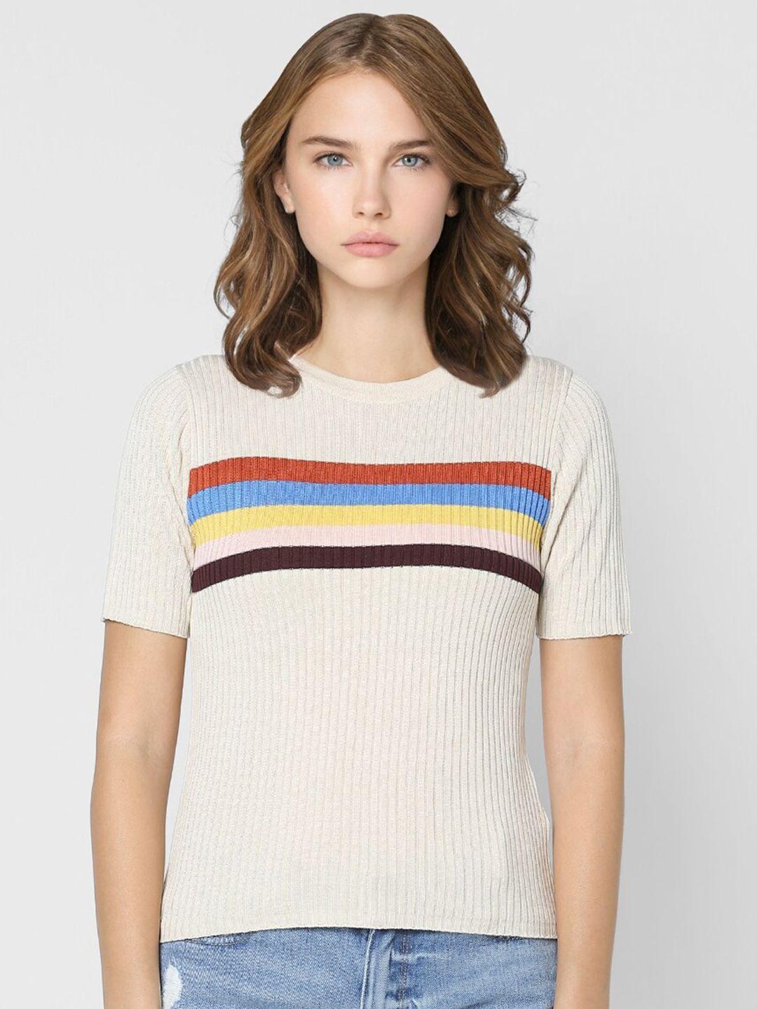 only women beige & yellow striped slim fit t-shirt