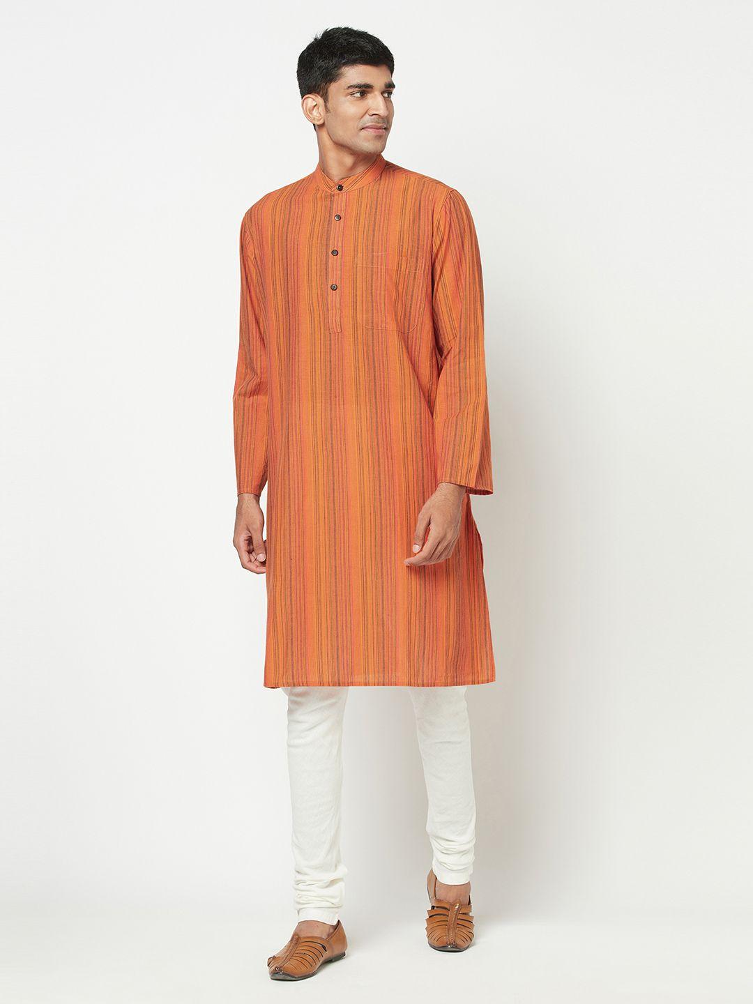 fabindia men orange & green pure cotton striped straight kurta