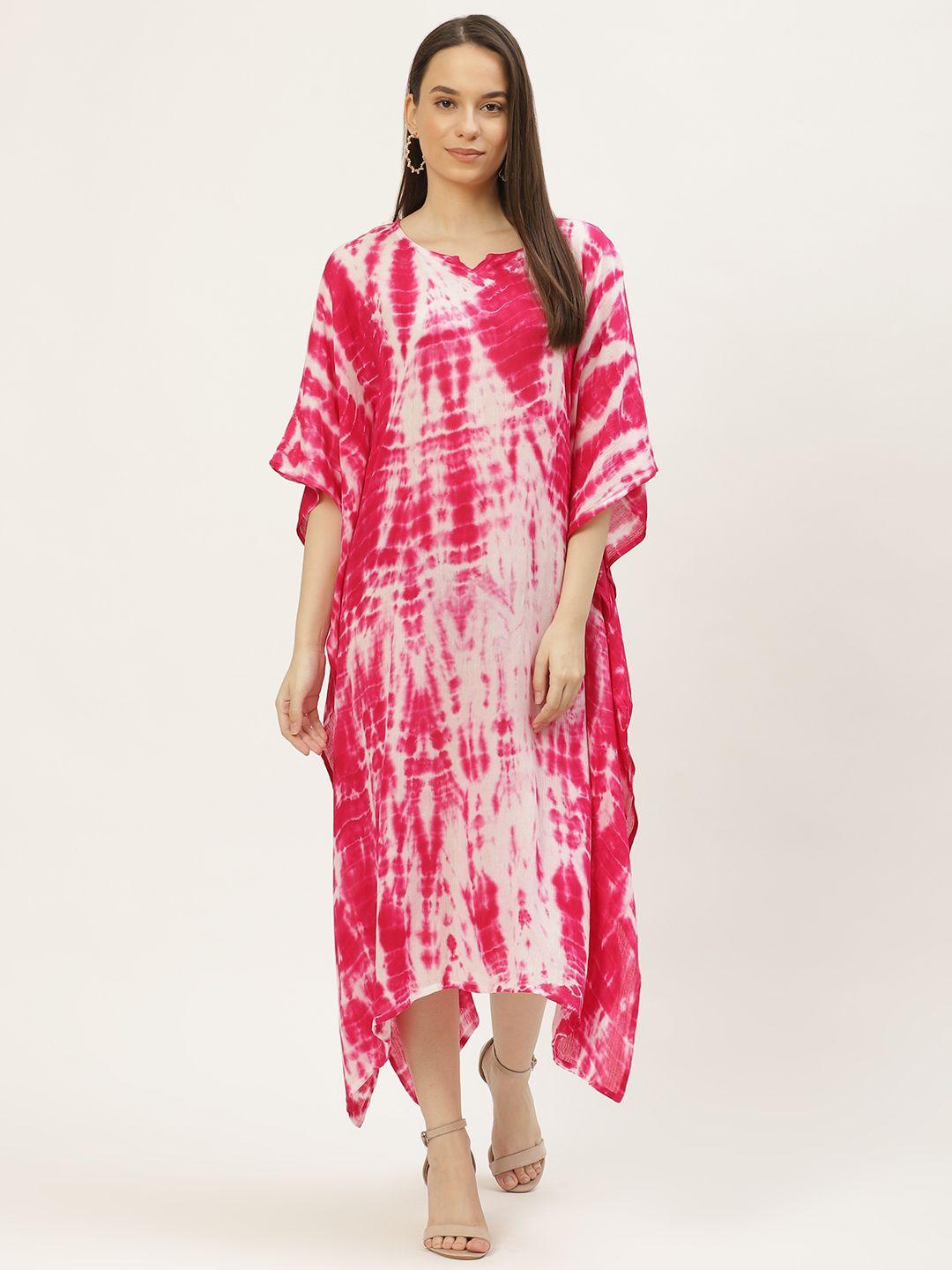 maaesa pink & white tie and dye kaftan midi dress