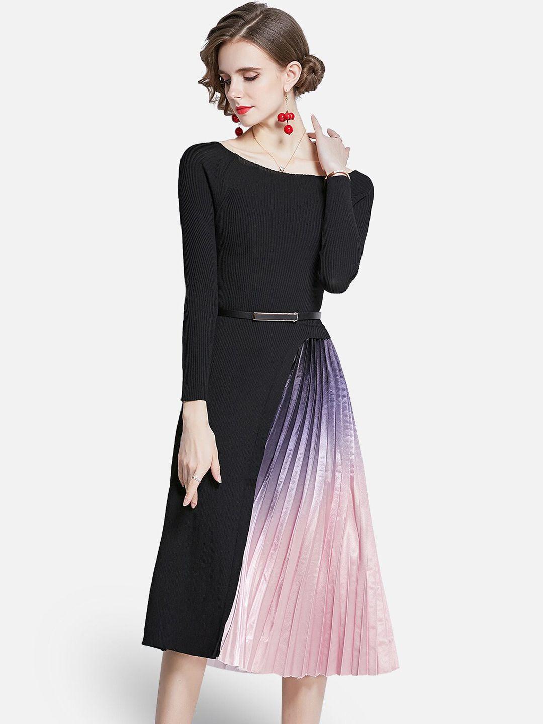 jc collection black & pink boat neck semi accordian pleated dress