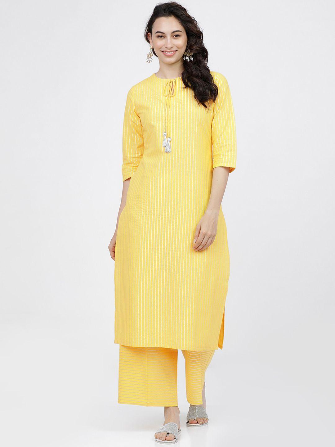 vishudh women yellow striped regular pure cotton kurta with palazzos