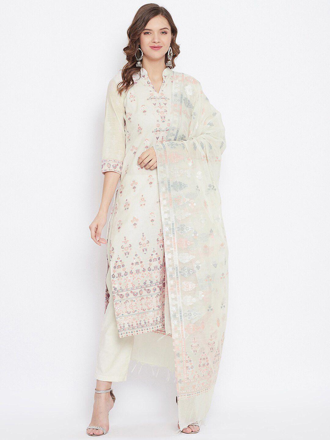 safaa off white & peach-coloured unstitched dress material