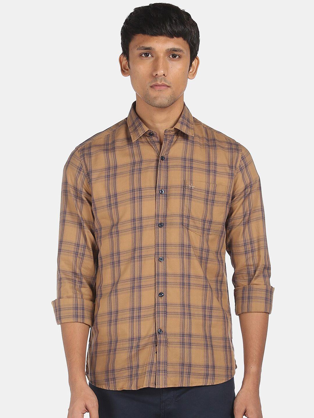 arrow sport men brown pure cotton tartan checks opaque checked casual shirt