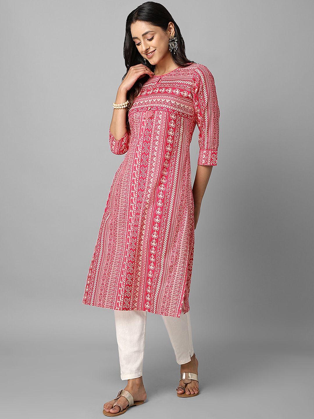 azira women pink & white geometric keyhole neck kurta