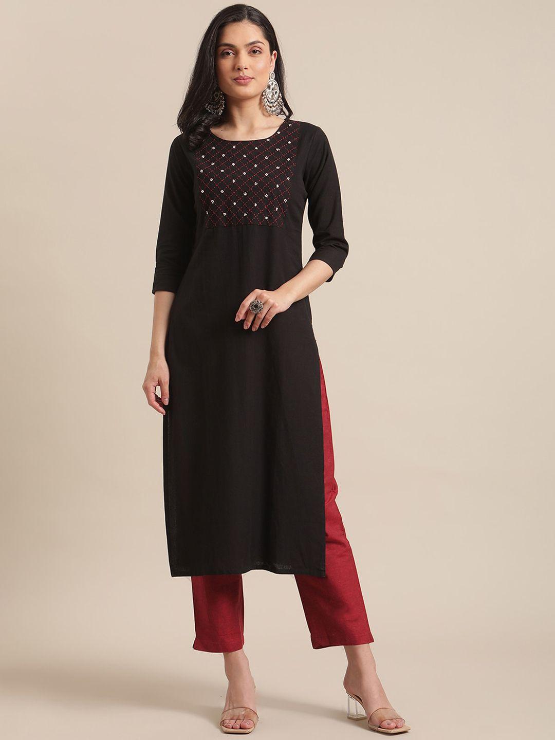 ksut women black & maroon embroidered kurta with trousers