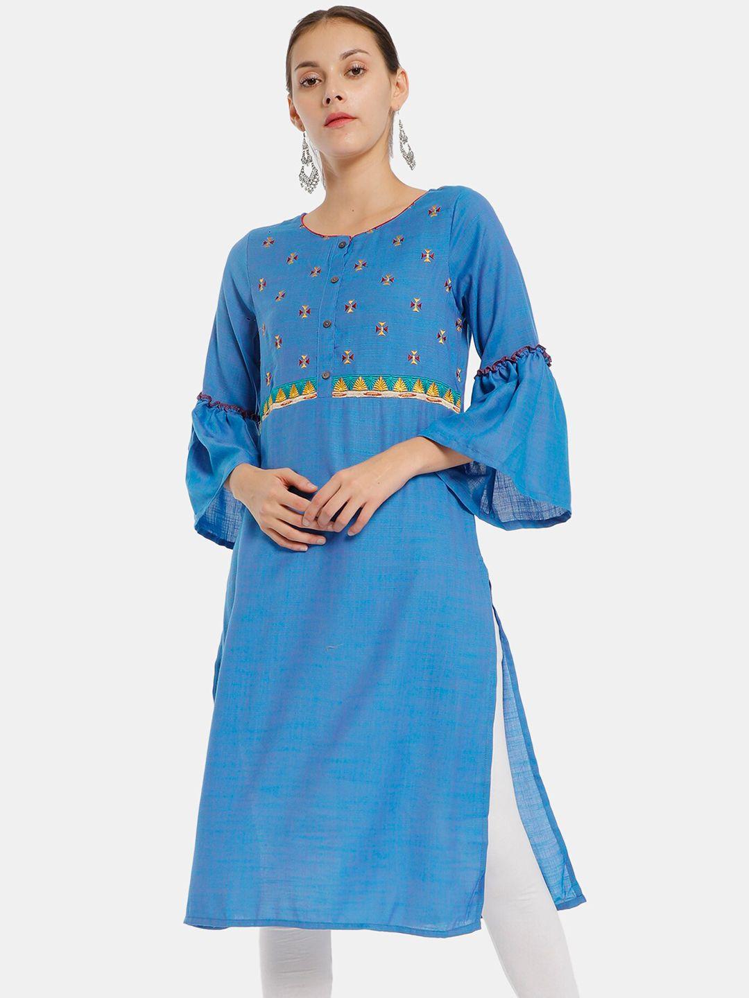 karigari women blue & yellow geometric embroidered flared sleeves kurta