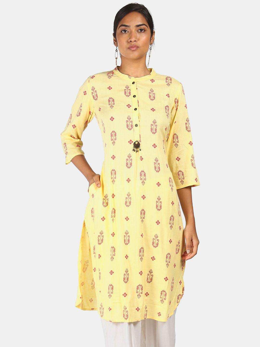 karigari women yellow & pink ethnic motifs printed regular kurta