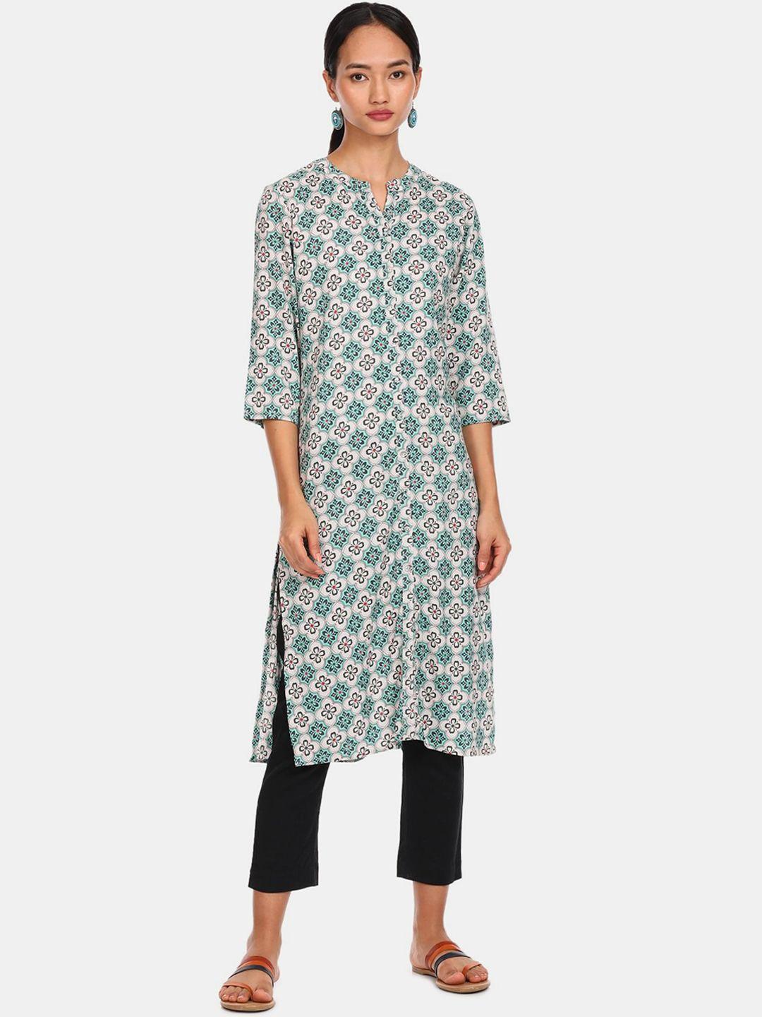 karigari women off white & green ethnic motifs printed kurta