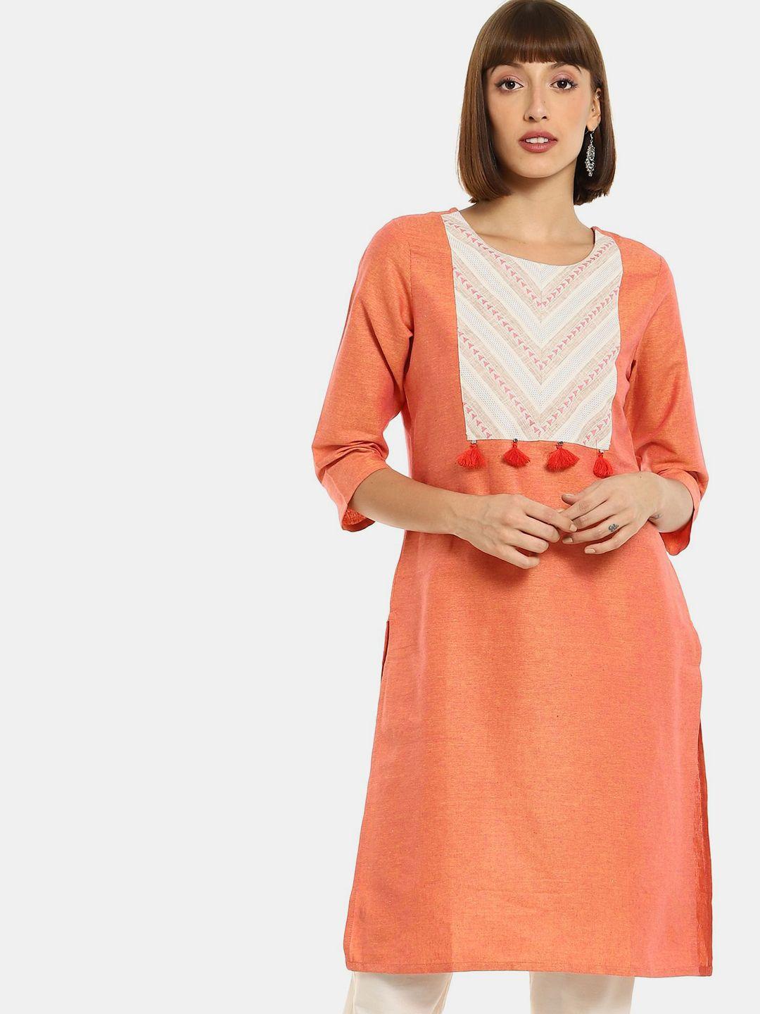 karigari women orange & white yoke design kurta