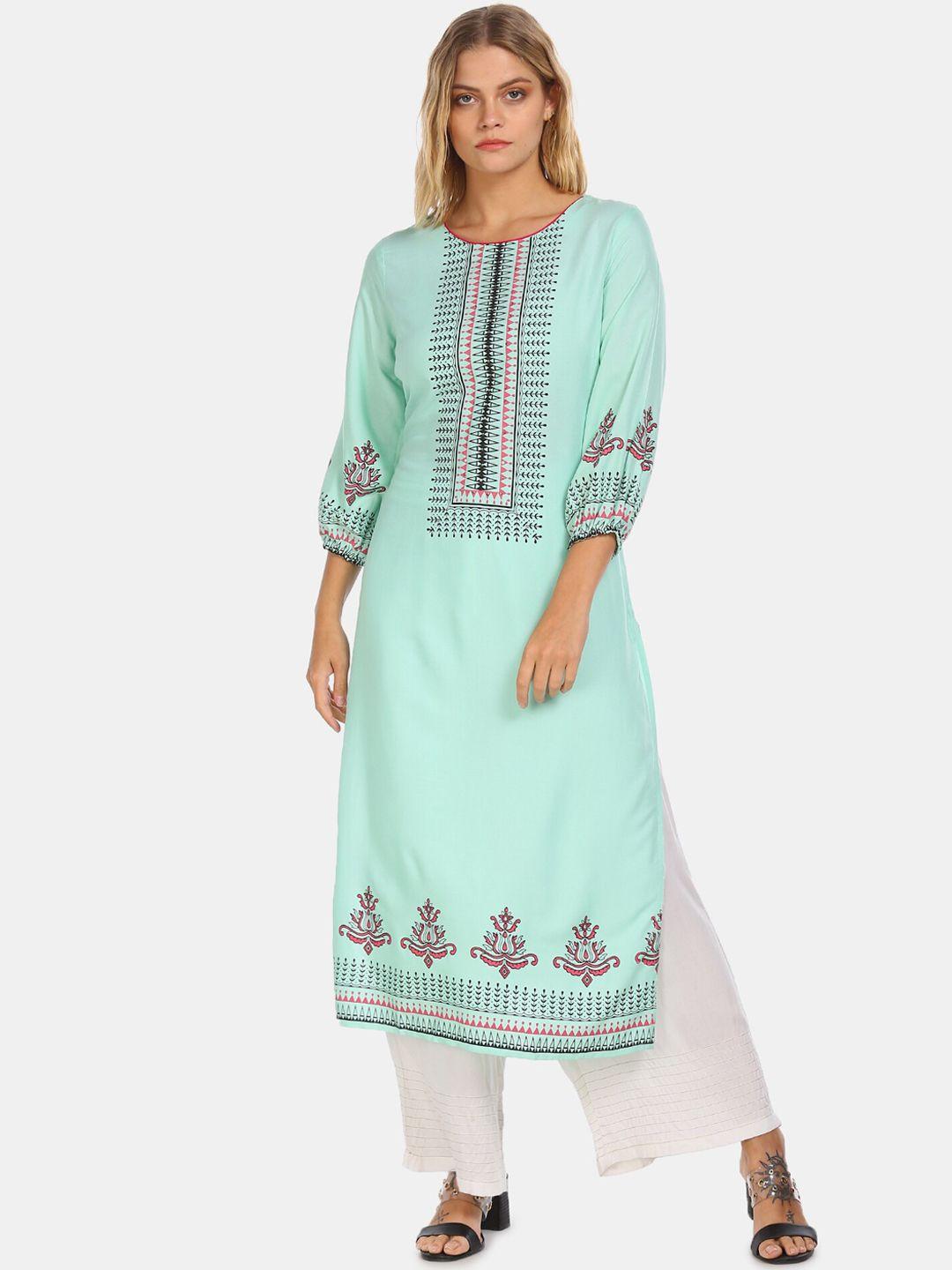 karigari women sea green tribal printed kurta