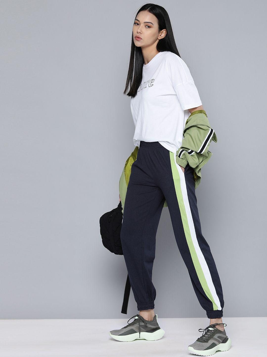 harvard women navy blue & green colourblocked joggers