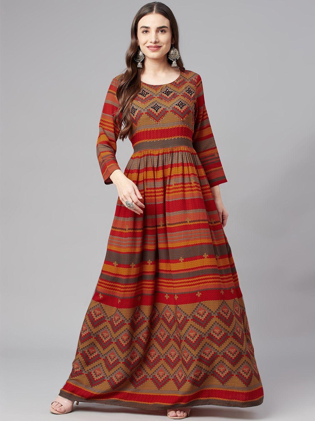 nehamta red & mustard yellow ethnic motifs printed maxi dress