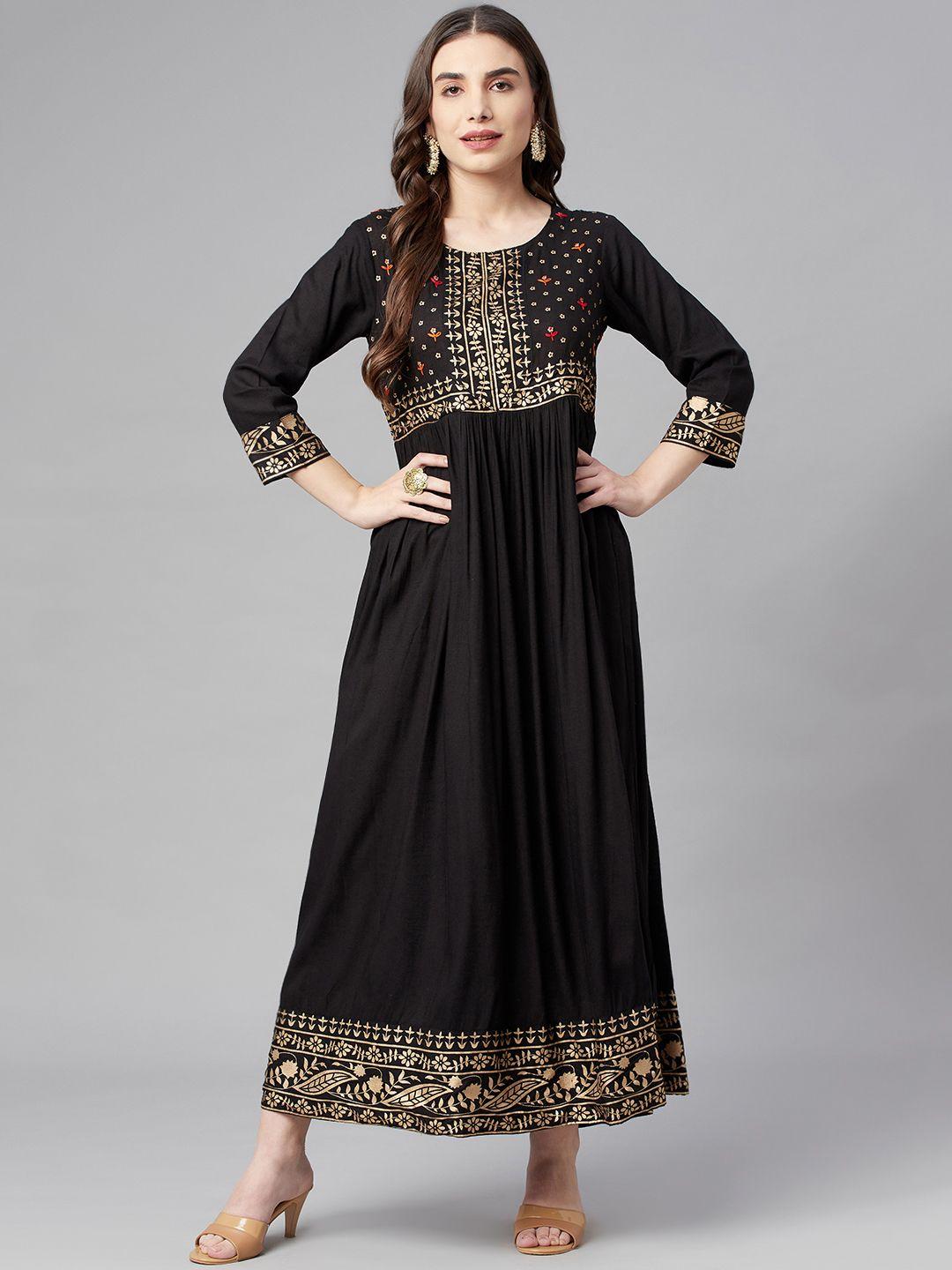 nehamta black & gold-toned solid embroidered maxi ethnic dress