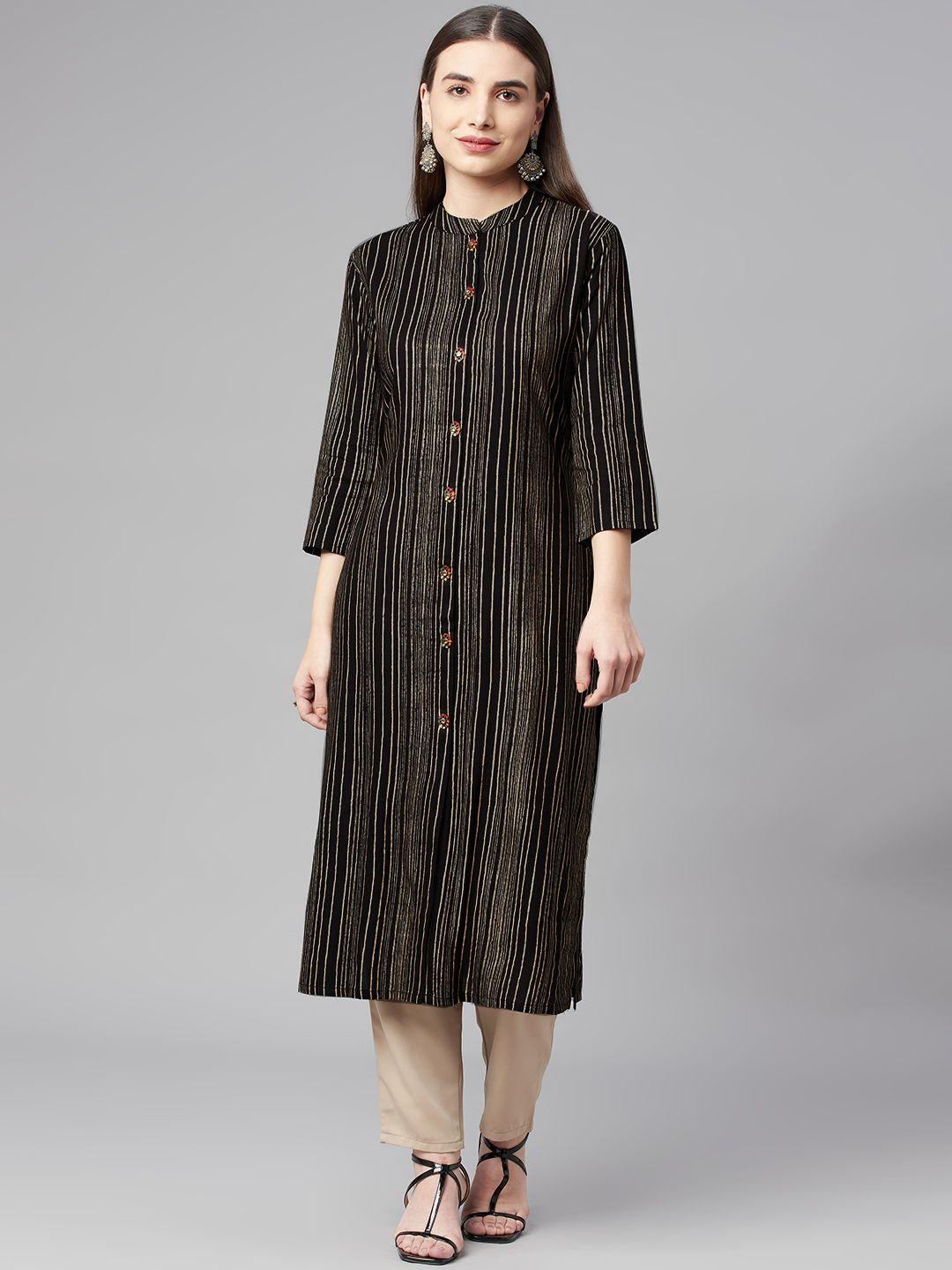 nehamta women black & gold-toned striped kurta