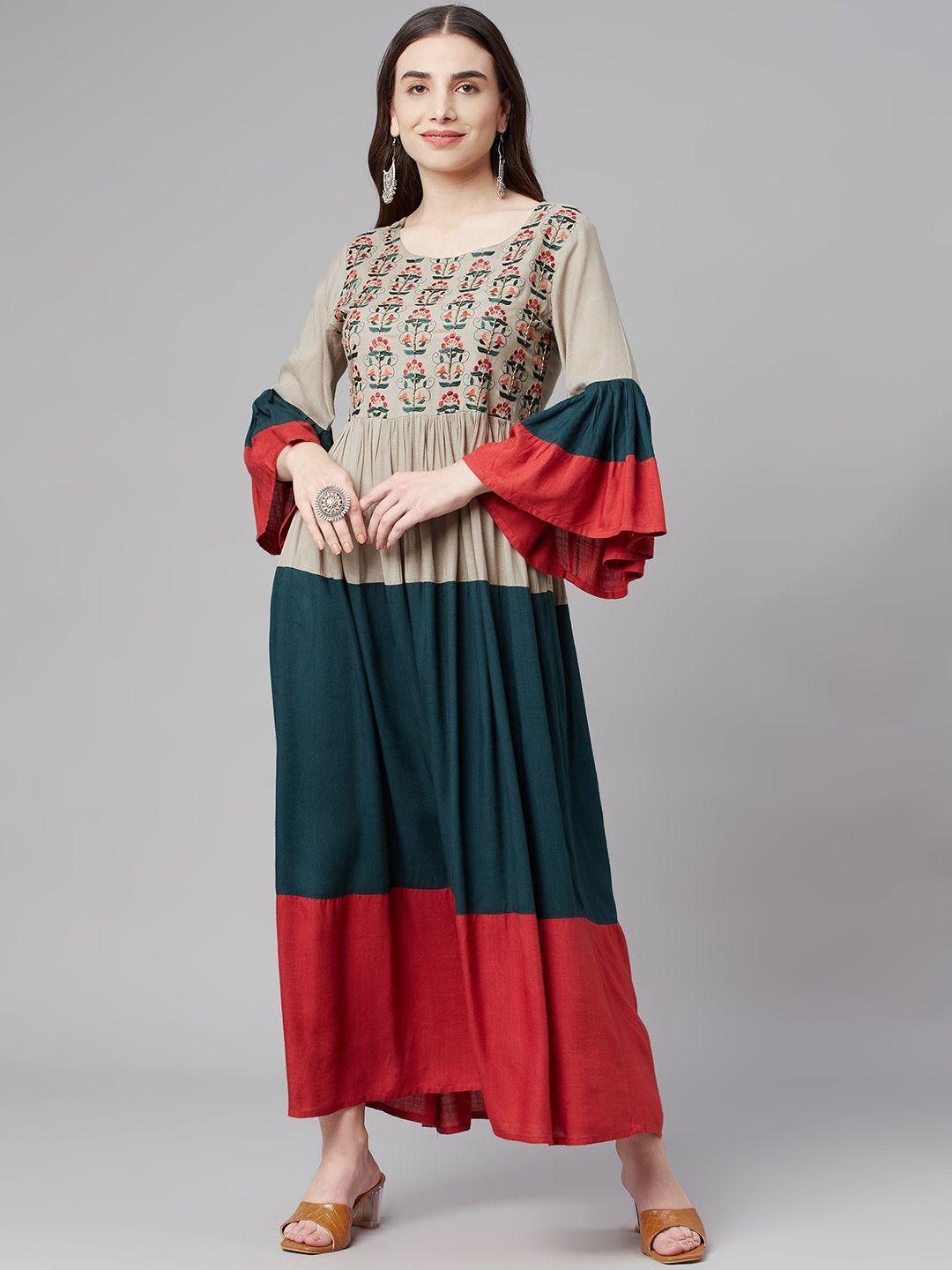 nehamta sage green & red colourblocked a-line midi dress