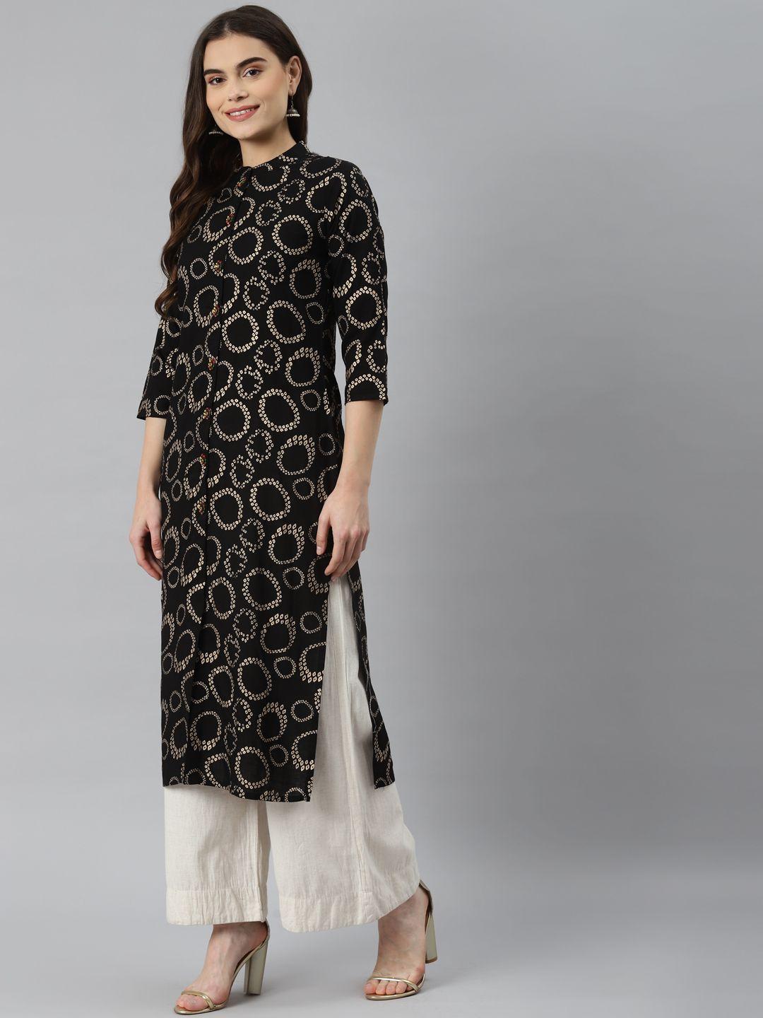 nehamta women black & beige geometric printed kurta