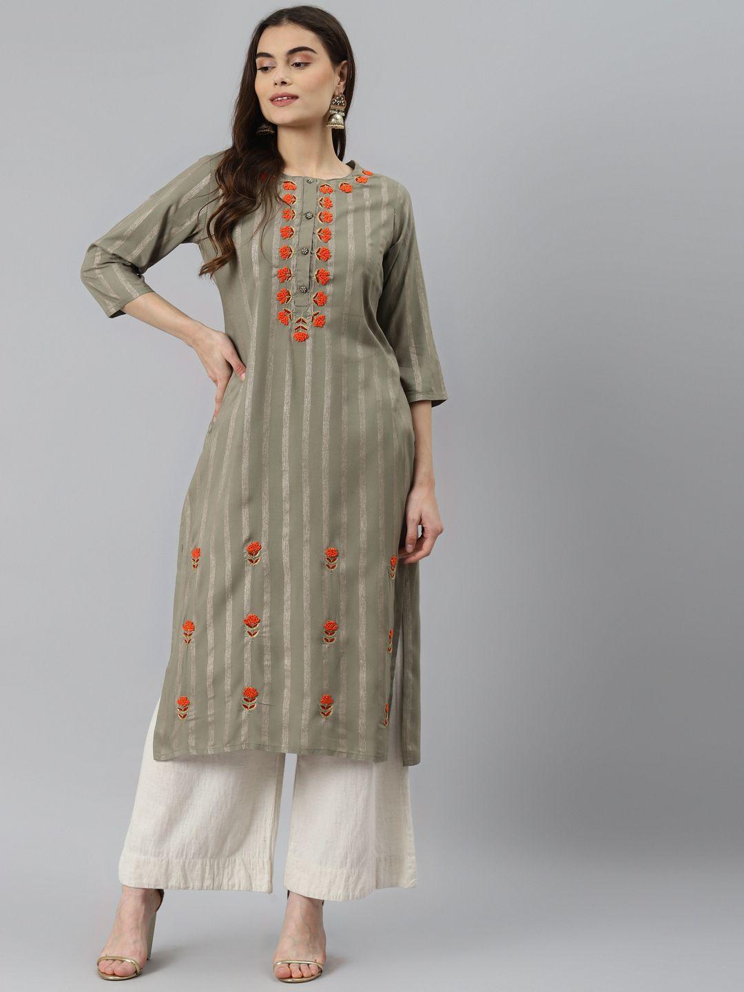 nehamta women grey & orange striped kurta