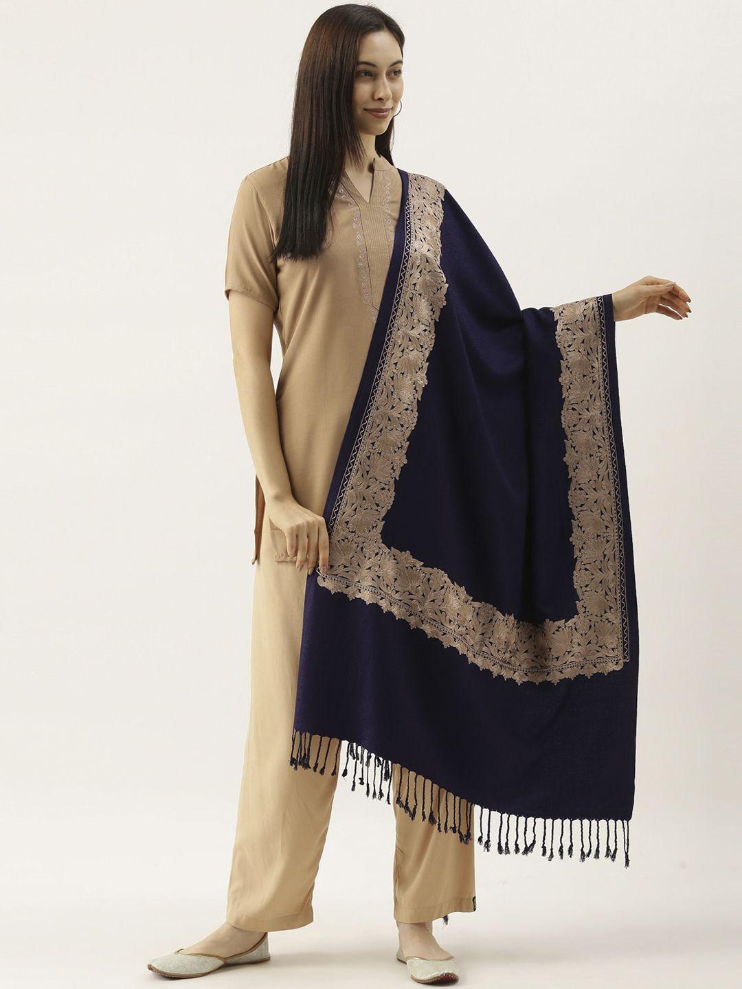 pashmoda women navy blue & golden embroidered shawl