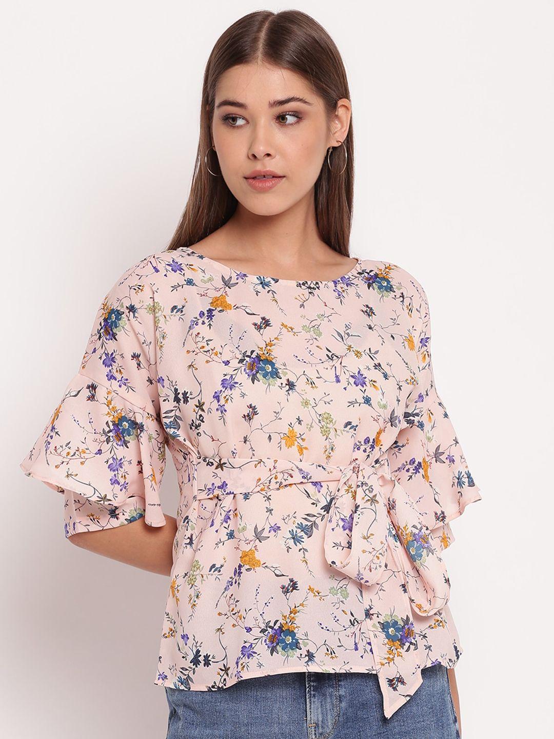 akimia peach-coloured floral printed bell sleeves crepe cinched waist top