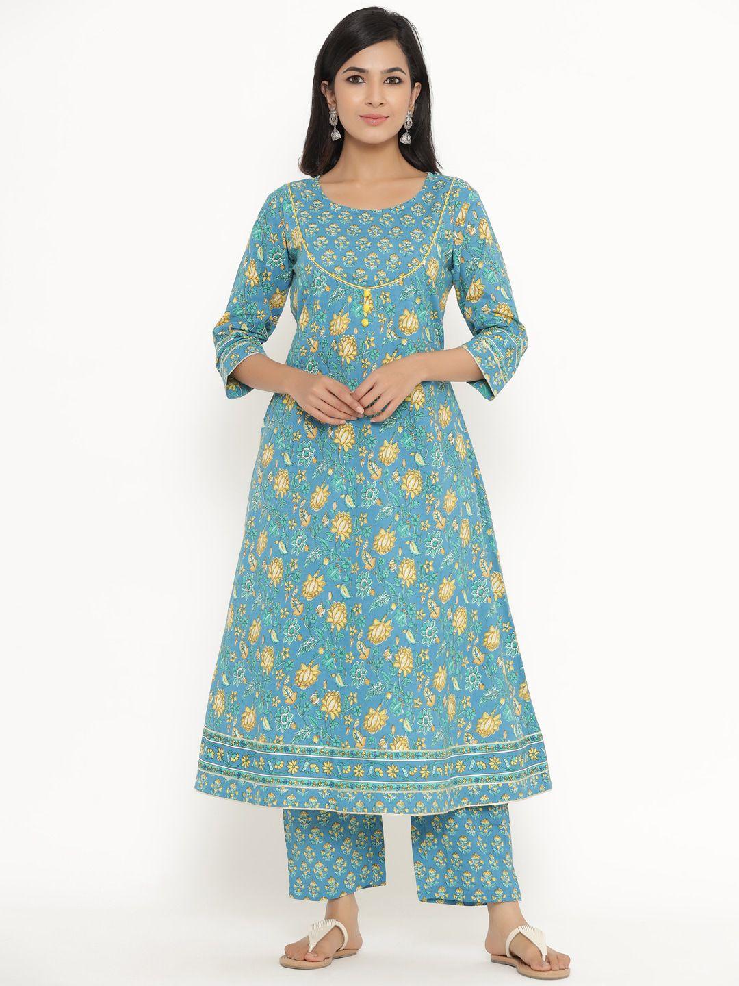 silai bunai women blue floral printed regular pure cotton kurta with palazzos