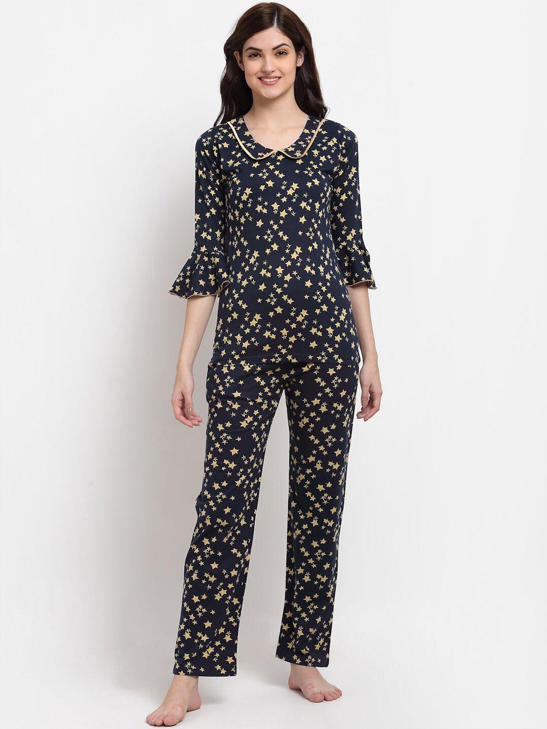 boston club women navy blue & yellow printed pure cotton night suit