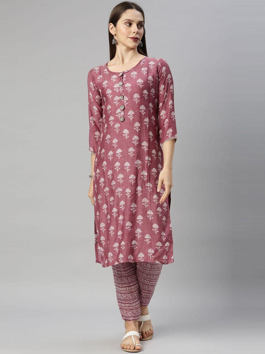 neerus women mauve ethnic motifs printed regular kurta with trousers