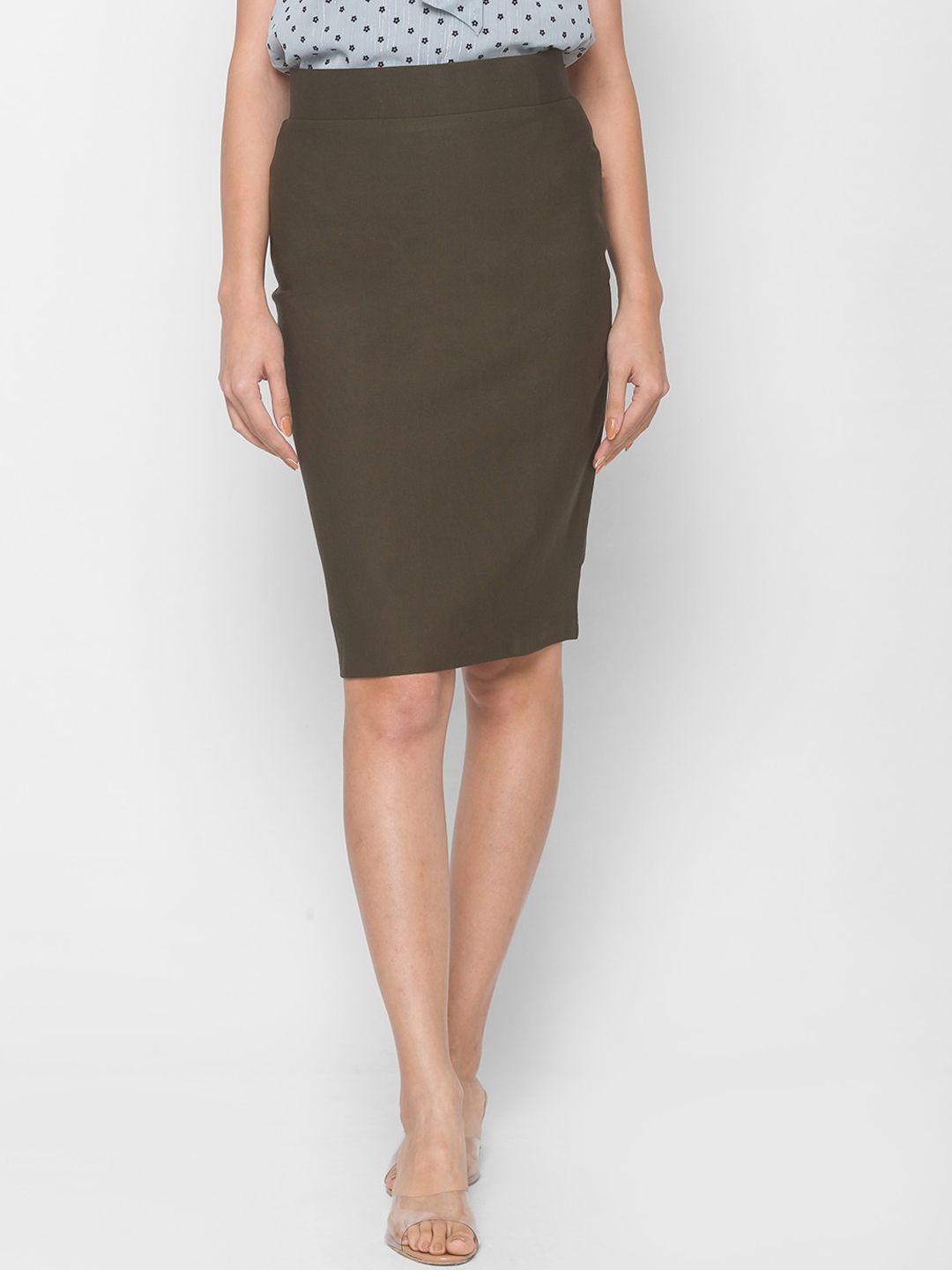 globus women olive green solid knee length pencil skirt