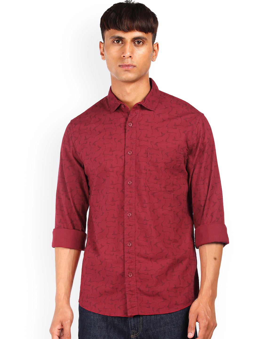 cherokee men maroon printed  slim fit opaque cotton casual shirt