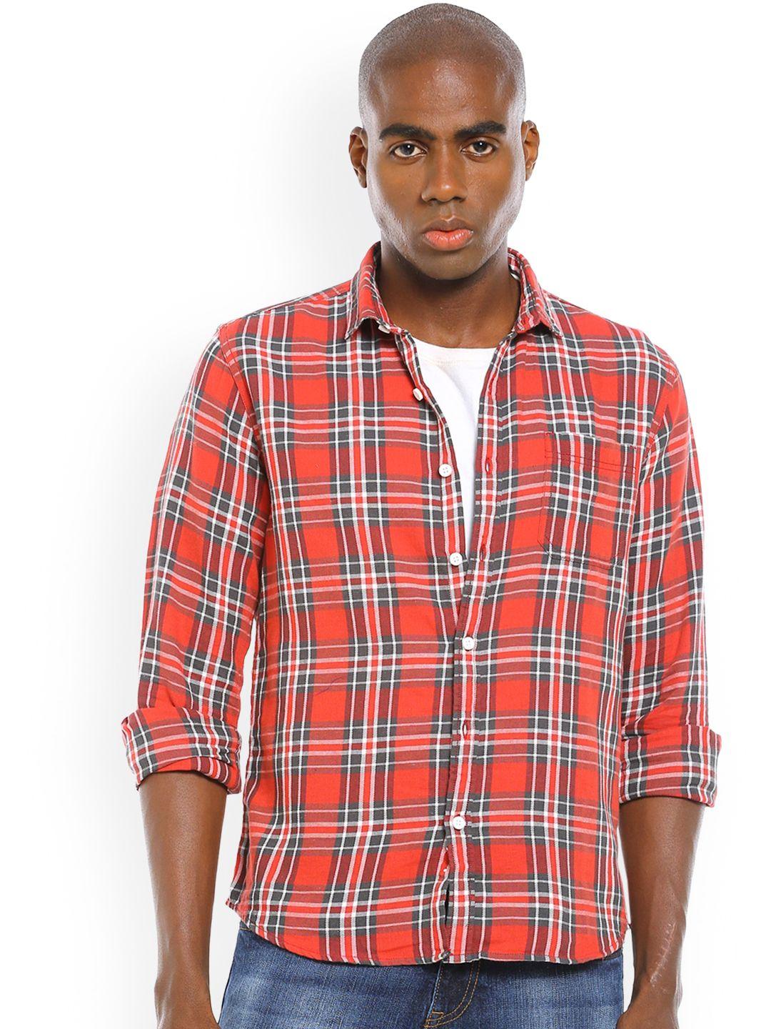 cherokee men coral & grey opaque checked cotton casual shirt