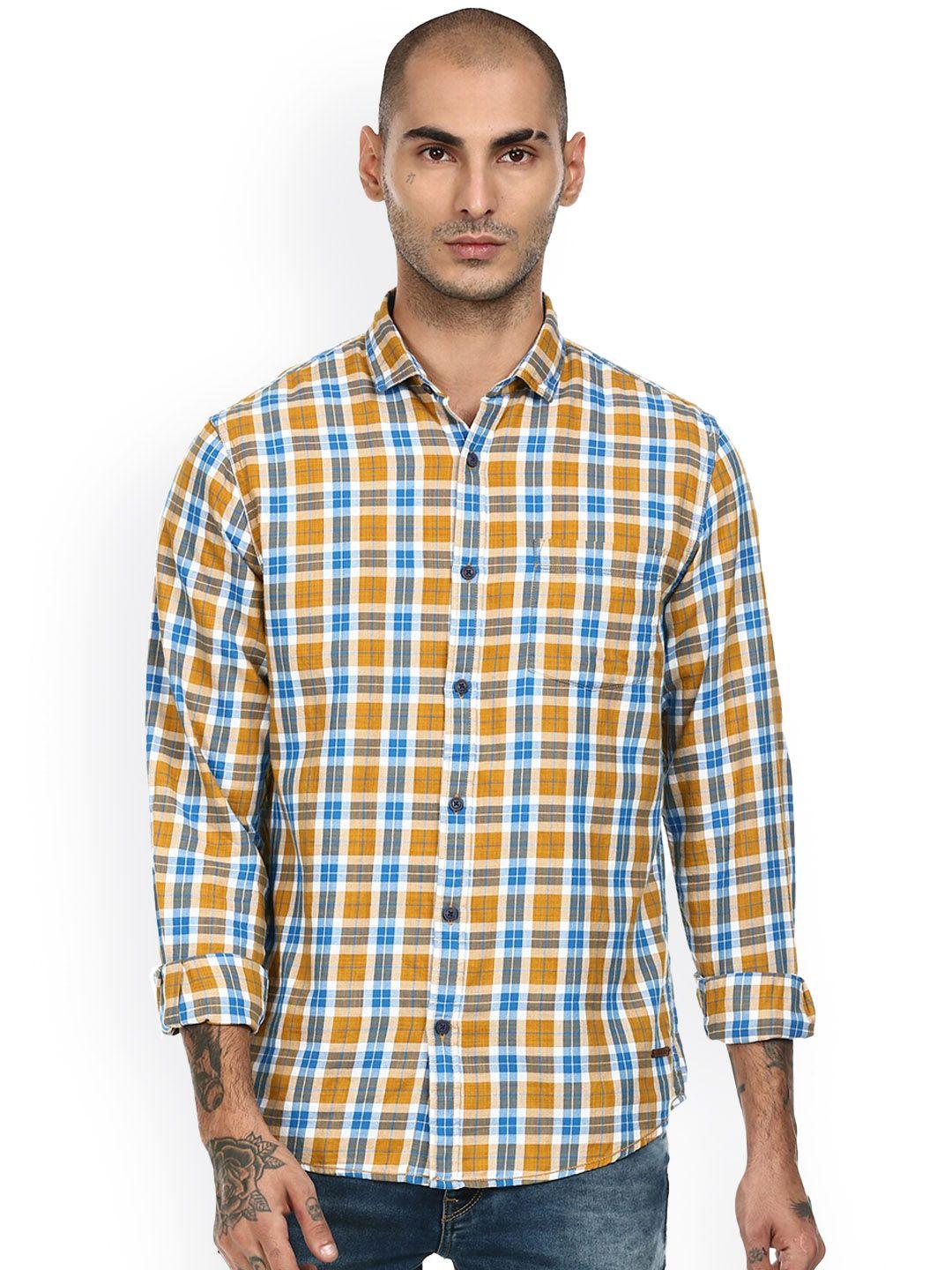 cherokee men blue & yellow tartan checks opaque cotton casual shirt