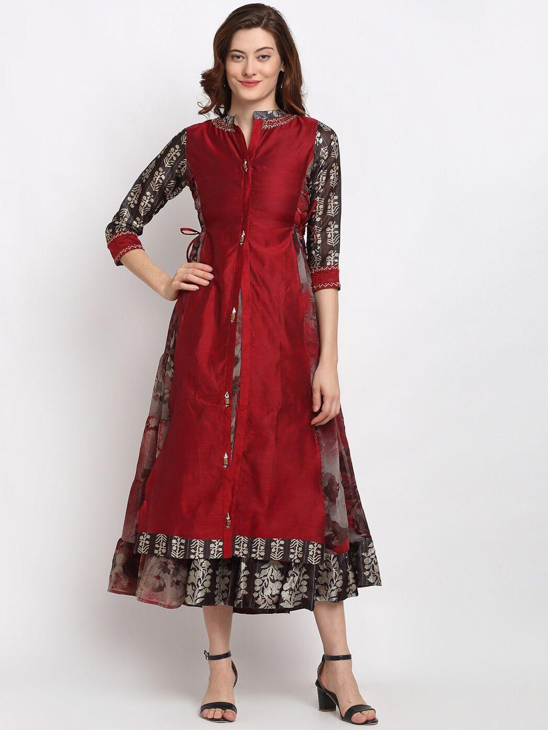 lovely lady maroon & brown floral kantha work a-line midi dress