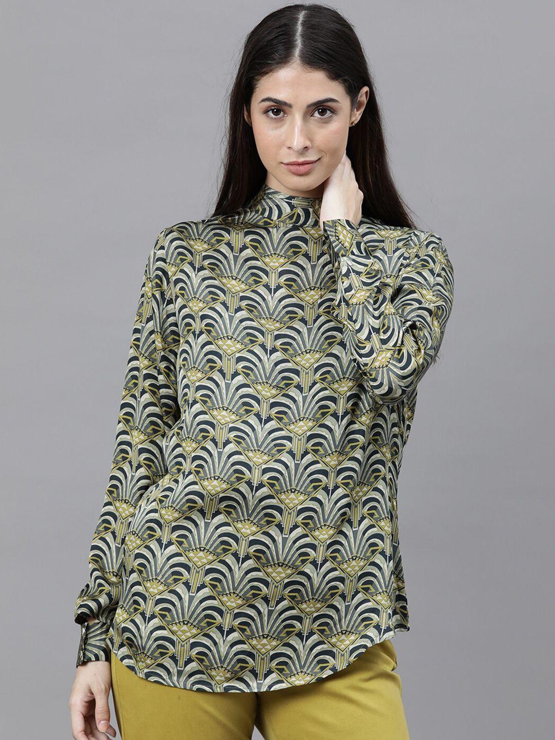 rareism green & yellow geometric printed high neck regular top